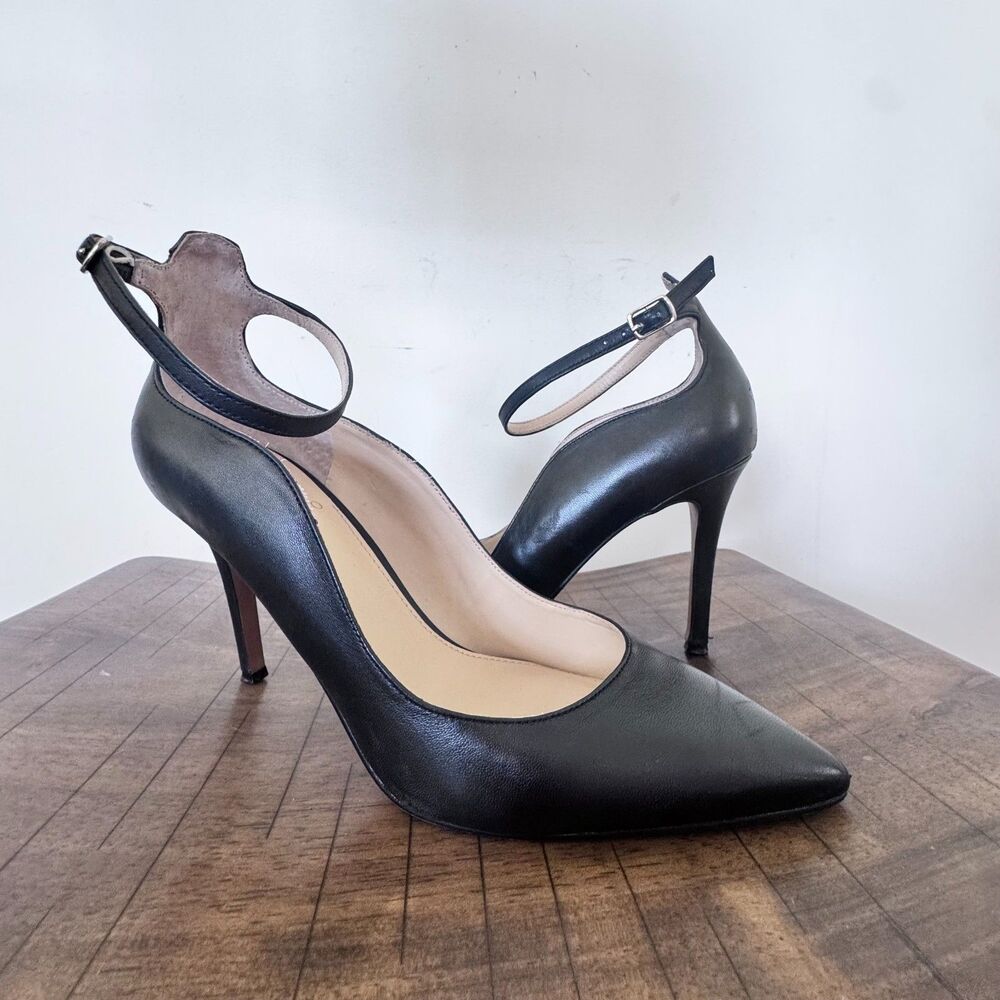 Vince Camuto Black Leather Ankle Strap Heels Pointed Toe Pumps Stiletto 9
